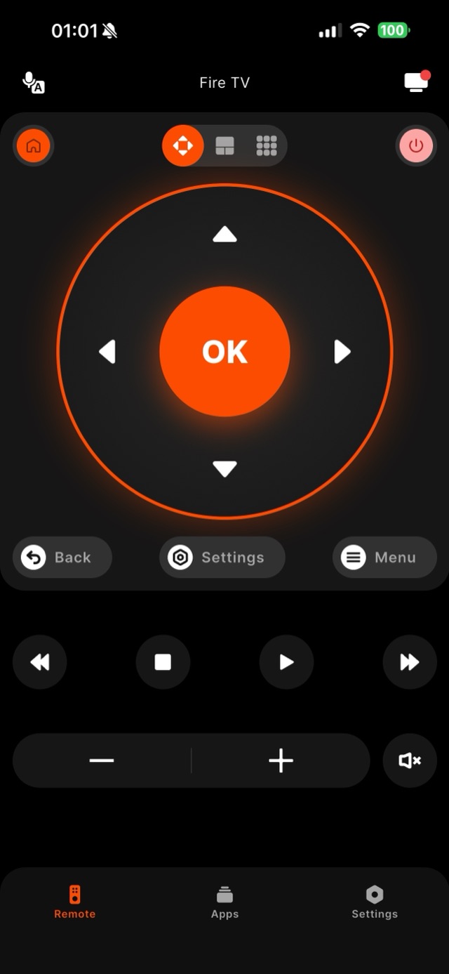 Remote for Fire TV app showing the Fire TV D-Pad with a glowing orange OK button